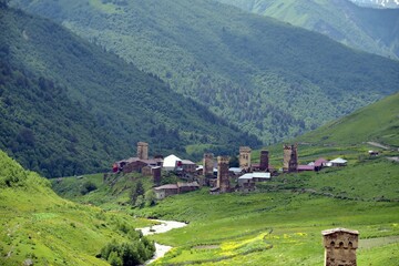 Fototapeta na wymiar Ushguli Svan Towers in the Svaneti region, defensive stone villages in the Caucasus