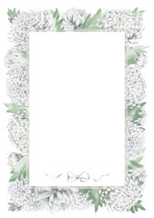 Floral frame made of white chrysanthemus with leaves. Gift card, wedding invitation concept. Botanic and watercolour illustration.