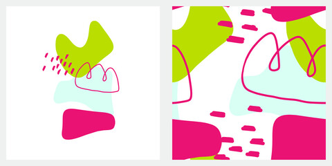 Abstract seamless pattern with abstract iluustration, poster in bright pink, green and blue colors