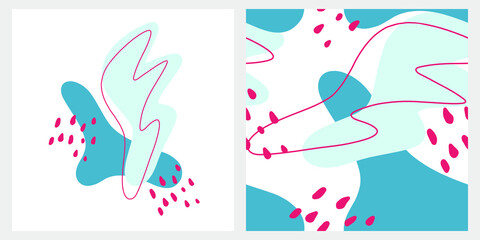 Set of poster ans seamless pattern in the same blue, light blue and pink colors. Abstract collection