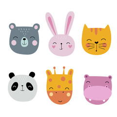 Cartoon animal heads. Cartoon character of hare, bear, cat, panda, giraffe, hippo. Vector hand-drawn color children's illustration. Baby print. Good for posters,  textiles, t shirts.