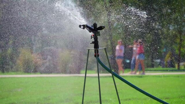 watering city park on a summer day, people walking, green lawns with grass and trees, paths and benches, bright sunlight and shadows
