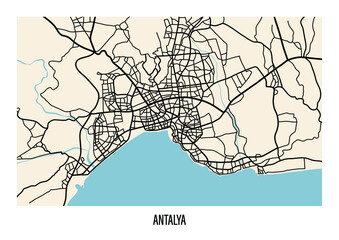 Vector city map. Antalya illustration. City map. Turkey