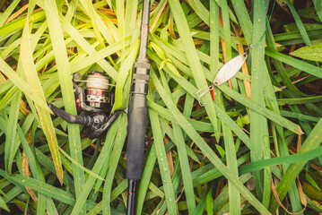 Spinning rod with a metal spoon lies on green grass.