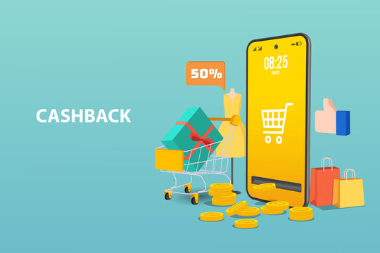 Cashback Shopping Vector Illustration, Money Cash Back Reward For Purchase From Smartphone Application. Mobile Phone Consumer Loyalty Incentive Commerce In Isometric Line On Yellow Halftone Background