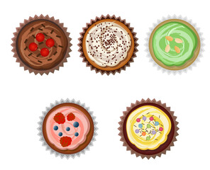 Collection of tasty icons of cupcakes isolated on white background. Set of cupcakes - view from above. Vector illustration of cupcakes