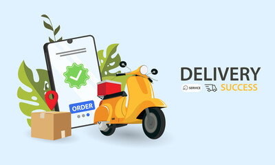 Fast delivery by scooter on mobile. E-commerce concept. Online food order infographic. Webpage, app design. Gray background. Perspective vector © Hugs