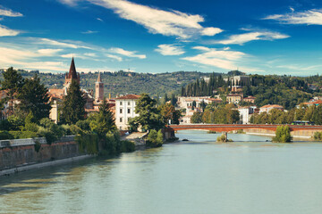 Obraz premium Verona, Italy - August 17, 2017: Beautiful panoramic view of the bridges of Verona.