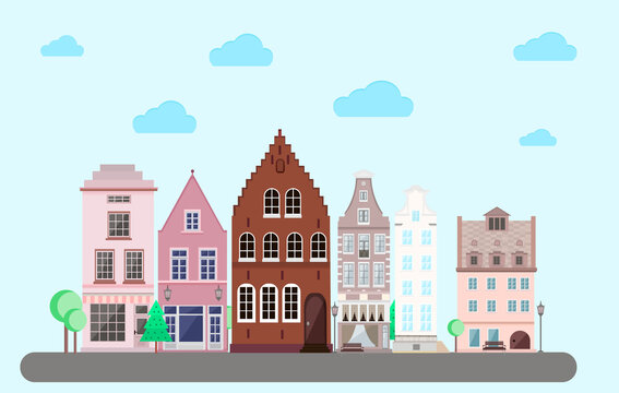 Vector illustration of cityscape of town with buildings and vegetation in flat style. For site, banner, poster