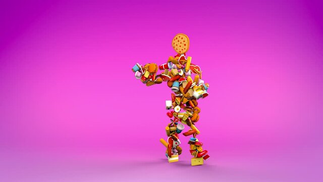Dancing fast food dishes. Funny animation of unhealthy meals prepared in restaurants, motivation for those who lose weight, mocking and nonsensical scene on a light pastel background.