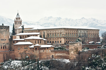 palace Alhambra in Granada with snow, Spai