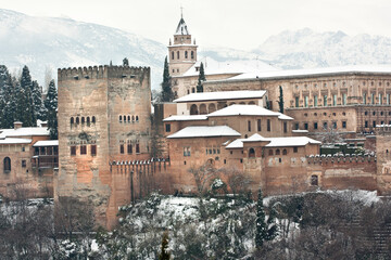 palace Alhambra in Granada with snow, Spain