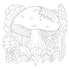 Floral coloring page with leaves, mushroom, caterpillar.
