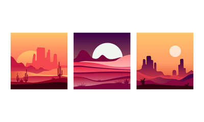 Desert Landscape at Sunrise and Sunset Set, Beautiful Nature Scenery Background Vector Illustration