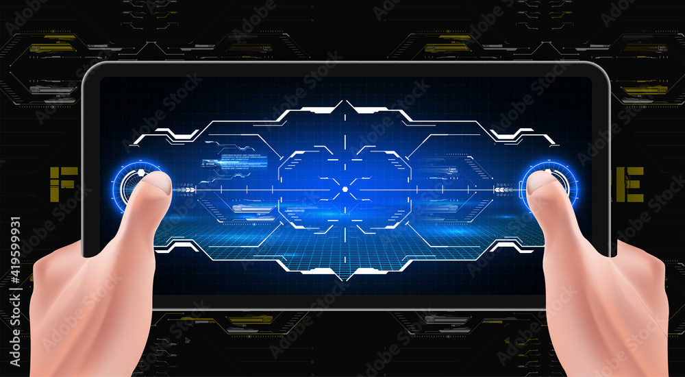 Fototapete a person playing a game on a smartphone. hud, gui modern aiming system with device tilt level. futur