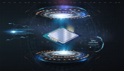 A futuristic projection of the microchip of the future. 3D closeup of cpu for web design. Integrated communication processor. Concept with circuit board and processor. CPU isometric banner. Vector