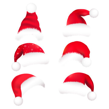 6 Santas Hat, Isolated On White Background, Vector Illustration