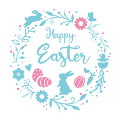 Easter greeting card with wreath, Easter bunny, Easter Eggs and flowers vector illustration on white background