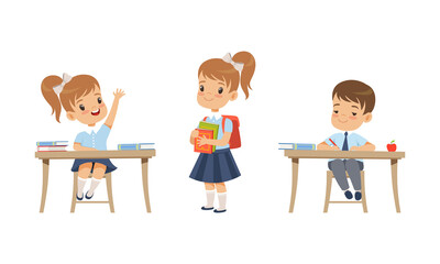 Elementary School Students Studying at School Set, Boys and Girl in School Uniform During Lesson Cartoon Vector Illustration