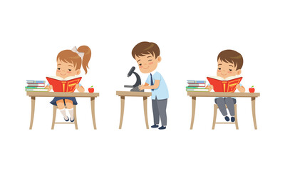 Cute Kids Studying at School Set, Elementary School Students in School Uniform Reading Books and Looking through Microscope Cartoon Vector Illustration