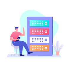 Man sitting front of data center illustration