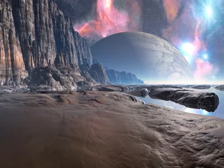 Selbstklebende Fototapeten Schokoladenbraun Illustration of a beautiful and inspirational science fiction landscape with a moon, mountains, and water  © Mila Agirre Photo