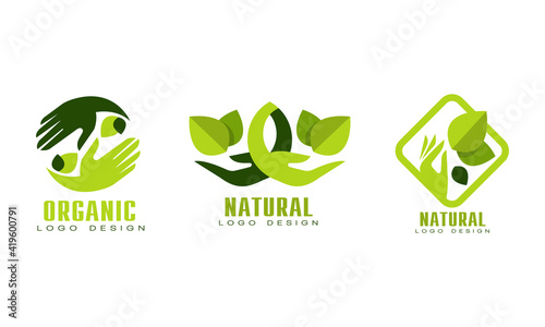 Organic Logo Design Templates Set Natural Eco Bio Food Cosmetic Products Badges With Set With Green Leaves Flat Vector Illustration Wall Mural Topvectors
