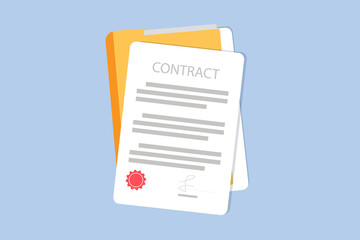 Signed contract or document. Document, folder with stamp and text silhouettes. Contract conditions, research or approval validation document. Contract papers, Document. Folder with papers