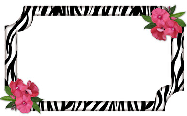 Rectangular horizontal frame with zebra skin print, adorned with delicate pink flowers