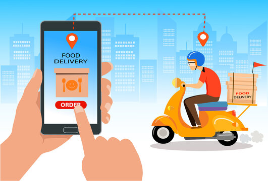 Delivery man ride bike get order .Hand holding mobile smart phone open app.