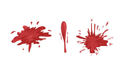 Stains of Red Ink Set, Blood Splatters and Drops Cartoon Vector Illustration