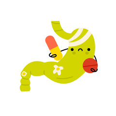 Unhealthy kawaii stomach holding pills isolated vector illustration. Organ disease design element. Gastric problems, high acidity, cancer. Cute character.