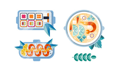 Various Seafood Dishes Set, Sushi Rolls, Shrimps Flat Vector Illustration