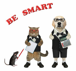 There are a dog labrador in a bow tie and a beige cat in glasses. Be smart. White background. Isolated.