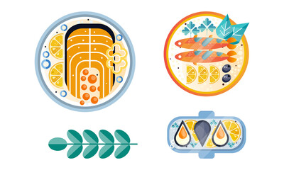 Various Seafood Dishes Set, Crab, Baked Fish, Caviar Sandwiches Salmon Fish, Mussels Flat Vector Illustration