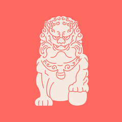 Guardian Asian dog statue flat cartoon illustration. Traditional Komainu dog, ancient Japanese culture banner design. Mythology ornamental China background