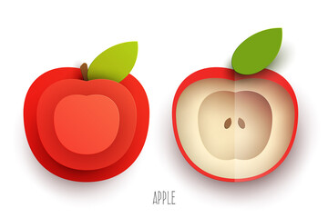 Cartoon whole and half apple in modern geometric 3d paper cut style isolated on white background. Vivid creative vector art element. Minimalistic concept of abstract design illustration.