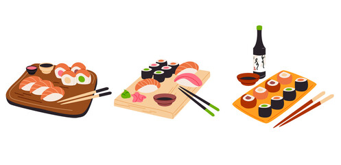 Sushi set on bamboo board isolated vector illustration. Traditional Japan food, fresh fish and rice design element. Soy sauce, wasabi, ginger with chopsticks in cartoon style.