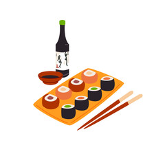 Soy sauce, wasabi, ginger with chopsticks in cartoon style. Sushi set on bamboo board isolated vector illustration. Traditional Japan food, fresh fish and rice design element. 