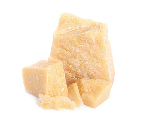 Pieces of delicious parmesan cheese on white background