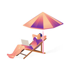 Man using laptop on the beach summer vacations illustration