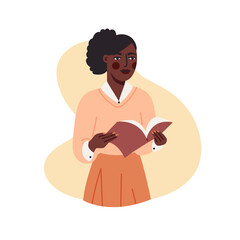 Afro American cute girl reading book flat cartoon illustration. Study concept banner design. Woman holding textbook, preparing for exams background. Bookworm concept art. Smart lifestyle.
