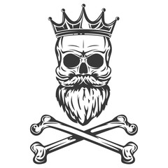 Hand drawn skull with mustache, beard, crown and crossed bones in cartoon vintage style isolated on white background. Design element for print, poster, cover, banner. Vector illustration.