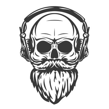 Hand drawn skull with mustache, beard and headphones in cartoon vintage style isolated on white background. Design element for print, poster, cover, banner. Vector illustration.