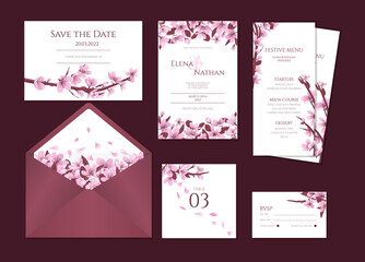 Cherry blossom wedding stationary vector template. Wedding invitation template with blooming cherry flowers.