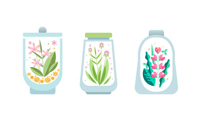 Obraz premium Blooming Flowers with Green Leaves inside Glass Florarium Set, Terrarium with Plants, Nature Conservation Concept Cartoon Vector Illustration