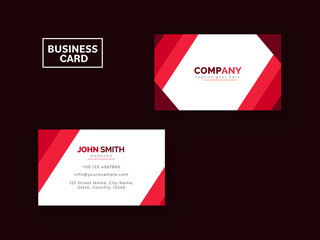 Front And Back View Of Business Card Template On Dark Red Background.