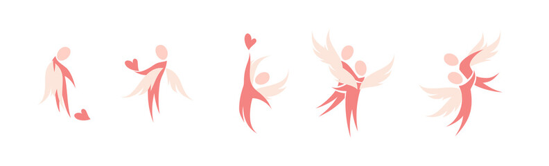 Winged human figures. Love theme design elements. Set of vector logo templates or icons