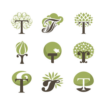 Tree and letter t. Nature themed collection of design elements. Vector logo templates or icons set