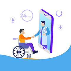 Handicapped man discussing online doctor illustration. Сconsultation with a doctor via video call.